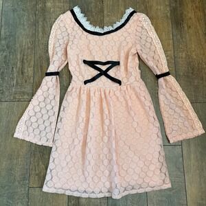 Jodi Kristopher Lace Bell Sleeve Dress Peach Black Ribbon Detail Women's S